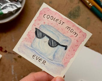 Hand-Painted Punny Watercolor Mothers Day Mini Card with Ice Cube,  "Coolest Mom Ever"