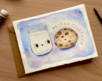 Hand-painted Watercolor Card with Milk + Cookie, "Better Together"