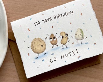 Hand-Painted Watercolor Punny Birthday Card, "It's your birthday, go nuts!"
