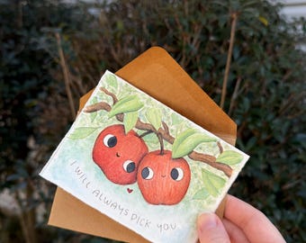Hand Painted Watercolor Punny Greeting Card with Apples, "I Will Always Pick You"