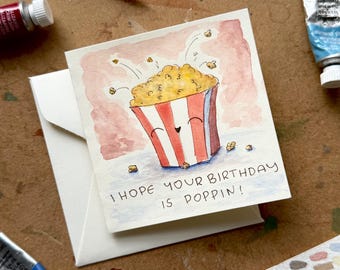 Hand-Painted Birthday Mini Card with Popcorn, "I Hope Your Birthday Is Poppin"