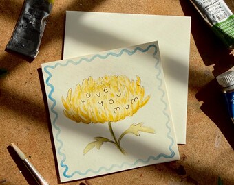 Hand-Painted Watercolor Mothers Day Mini Card with Mum Flower, "Love You Mum"