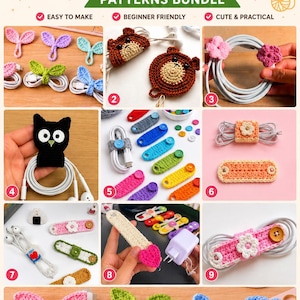 May include: A collection of crochet cable holders in various designs, including floral, bear, and leaf shapes. The image showcases a variety of colors and styles, with the text "Crochet Cable Holder Patterns Bundle" at the top. The designs are beginner-friendly and easy to make.