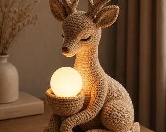 Patrón de lámpara de ciervo amigurumi a crochet / Lámpara de noche con forma de animal / Patrón digital descargable en PDF para lámpara de mesa de ciervo hecha a mano