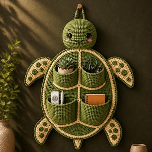 May include: A wall-hanging crochet turtle organizer in shades of olive and cream. The turtle shell features four deep pockets containing a small succulent, scissors, a pen, a remote, and a notebook. The turtle head has embroidered eyes and cheeks.