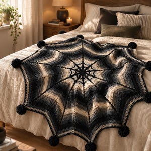 May include: A large, octagonal crochet blanket featuring a spiderweb-inspired pattern in a gradient of black, charcoal, and cream yarn. The edges of the blanket are finished with dark black pom-poms attached to each of the eight pointed corners.