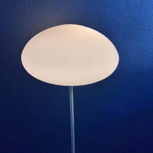 May include: A modern floor lamp with a large, oval-shaped white lampshade. The lampshade is supported by a slender, silver-colored metal pole. The background is a solid, dark blue wall.