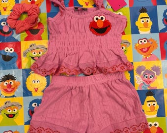 Elmo/Abby Cadabby Pink Eyelet short Set with matching hair scrunchie