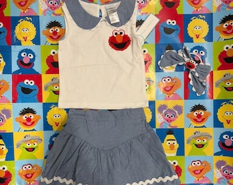Elmo White and Denim Skort Set with matching Elmo Bow