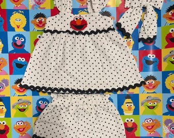 White and Black Polka Dot Elmo Short Set with Matching Bow