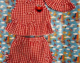 Elmo Red and White Checkered Short Set with matching Hat