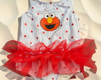 Elmo Toddler Girl Stars and Stripes Tutu Style One Piece Bathing Suit