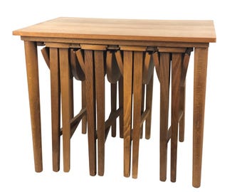 Vintage MCM Teak Nesting Tables with Folding Tops Set of 5, Space Saving Side Tables, Mid Century Modern