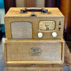 Op de afbeelding: Een vintage Zenith Universal Radio draagbare radio met een beige, getextureerde stoffen buitenkant. Het apparaat is voorzien van een bruin handvat aan de bovenkant, een luidsprekerrooster met een golvend patroon, een afstemknop, twee witte knoppen en een neerklapbaar voorpaneel met het Zenith-logo.