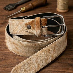 Könnte beinhalten: Ein Kuhfellgürtel mit silberner Schnalle und brauner Lederschlaufe. Der Gürtel ist beige und braun mit natürlicher Haarstruktur. Das Bild zeigt auch Lederwerkzeuge und den Text "BELOF COLLECTION".