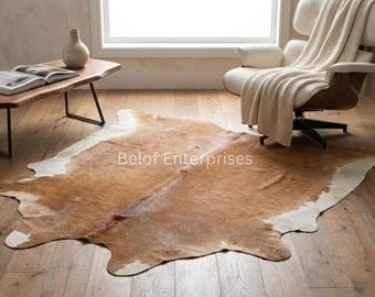 Alfombra de piel de vaca auténtica: Alfombra de piel tricolor marrón y blanca natural