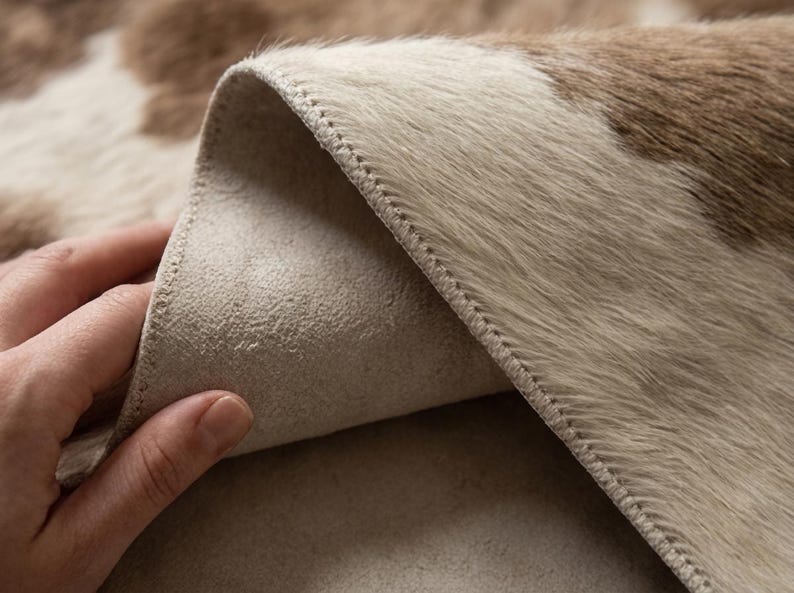 Puede incluir: Primer plano de una alfombra de piel de vaca con un patr&oacute;n natural de colores marr&oacute;n y crema. El borde de la alfombra es visible, mostrando un borde cosido y la parte inferior suave y texturizada. La alfombra se levanta, revelando su flexibilidad.