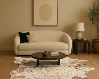 Alfombra de piel de vaca natural marrón y blanca, alfombra exótica tricolor de piel de vaca, alfombra grande de cuero premium para sala de estar, decoración bohemia para el hogar.