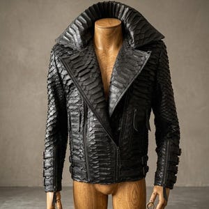 Men’s Custom Black Python Leather Biker Jacket, Authentic Snakeskin Motorcycle Jacket, Luxury King Snake Skin Apparel Handcrafted Biker Gear