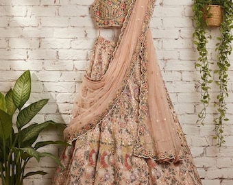 Light Beige Sequins Embroidered Net Engagement Lehenga with Sleeveless Blouse