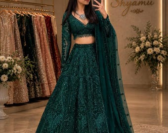 Lehenga vert foncé | Ensemble prêt-à-porter de demoiselles d'honneur pour fille et femme