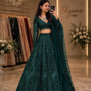 Lehenga de Red Verde Oscuro, Traje de Damas de Honor Listo para Usar con Lentejuelas y Bordado Dori