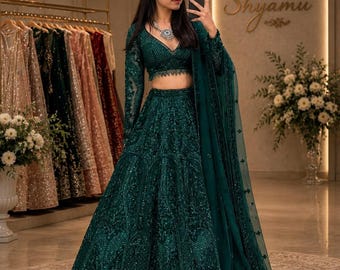 Dark Green Net Lehenga, Ready-to-Wear Bridesmaids Outfit with Sequins and Dori Work