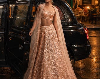Rose Gold Lehenga with Rainbow Sequins, Elegant Party Wear Choli Set