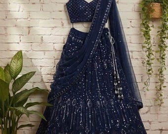 Marineblauwe Georgette Lehenga-choli voor feestkleding