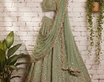 Sage Green Embroidered Lehenga Choli Set, Indian Wedding Bridesmaid Festive Wear