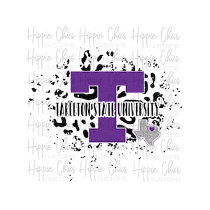May include: A purple and black graphic design with a large letter T and the text "Tarleton State University". The graphic is set against a black and white leopard print background with a small silver outline of the state of Texas with a purple heart in the center.