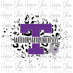 May include: A purple "T" with the words "Tarleton State University" in black text on a white background with a black and white leopard print pattern. A silver glitter outline of the state of Texas with a pink heart is in the bottom right corner.