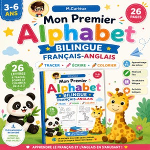 以下が含まれることがあります： 3歳から6歳向けの26ページのフランス語・英語バイリンガルアルファベット学習帳。表紙にはパンダとキリンが描かれており、Mon Premier Alphabet Bilingue Français-Anglais、Tracer、Écrire、Colorier、26 Lettresという文字が記載されています。