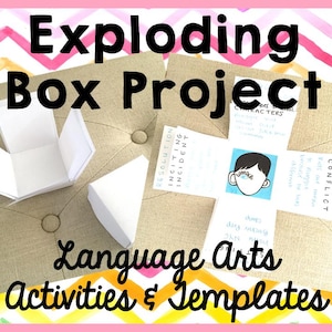 May include: An 'Exploding Box Project' for language arts activities and templates. The image shows a partially open, white paper box and a completed box with text and illustrations. The background is a tan fabric with a pink and yellow border.
