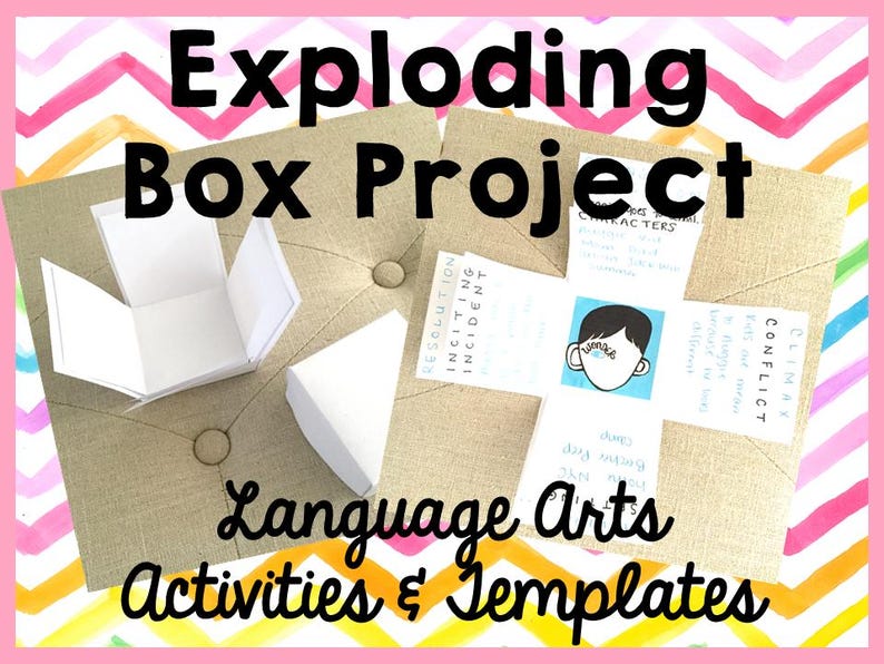 May include: An 'Exploding Box Project' for language arts activities and templates. The image shows a partially open, white paper box and a completed box with text and illustrations. The background is a tan fabric with a pink and yellow border.