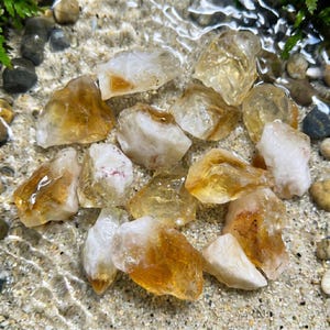 May include: A collection of raw citrine crystals, showcasing a range of golden yellow and white hues. The crystals are partially submerged in water, creating a shimmering effect. The image highlights the natural beauty and unique formations of the gemstones.