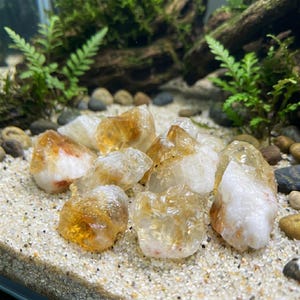 May include: A collection of raw citrine crystals, showcasing a mix of golden yellow and white hues. The crystals are clustered together on a bed of fine sand, with a backdrop of greenery and small stones, creating a natural aesthetic.