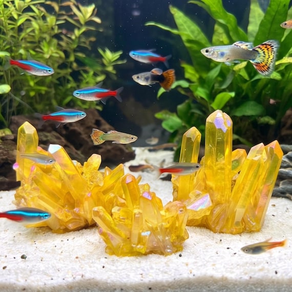 Natural Yellow Quartz Cluster Inert Aquarium Crystal, Aura Hardscape Fish Tank Decor