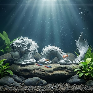 Puede incluir: Escena submarina con una estatua de dragón gris, una estatua de cola de dragón y una formación rocosa. La estatua del dragón sostiene una perla. Pequeños peces nadan cerca de las estatuas. Plantas verdes y rocas oscuras en primer plano.