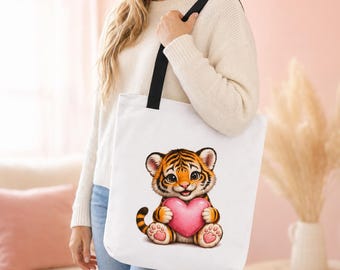 Schattige babytijger met hartvormige draagtas | Leuke dieren Valentijnsillustratie