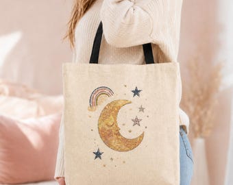 Boho Halve Maan Tote | Geweven Tote met Sterren en Regenbogen