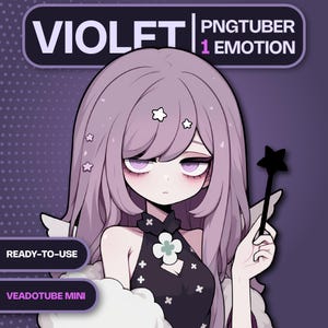 May include: Digital art of a character named Violet with long lavender hair, star accents, and a black dress. The image includes the text "PNGTUBER 1 EMOTION", "READY-TO-USE", and "VEADOTUBE MINI". The character holds a star-shaped wand.