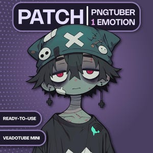 Pode incluir: Ilustração digital de um personagem semelhante a um zumbi com tez verde-azulado, usando um gorro verde-azulado com uma cruz branca e uma camiseta preta. A imagem inclui o texto "PATCH", "PNGTUBER 1 EMOTION", "READY-TO-USE" e "VEADOTUBE MINI".
