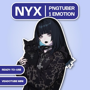 Könnte beinhalten: Digital-Illustration eines gothischen Charakters mit schwarzen Haaren, der eine schwarze Katze hält. Der Charakter trägt einen schwarzen Kapuzenpullover mit Leopardenmuster und einen Kreuzanhänger. Text enthält "NYX", "PNGTUBER 1 EMOTION", "READY-TO-USE" und "VEADOTUBE MINI".