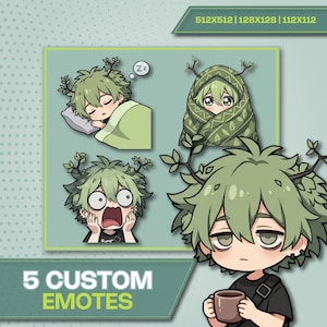 May include: A set of five custom digital emotes featuring a green-haired character with small tree branches on their head. The emotes show the character sleeping, wrapped in a patterned blanket, looking shocked, and holding a brown mug. Text reads 5 CUSTOM EMOTES and 512X512 | 128X128 | 112X112.