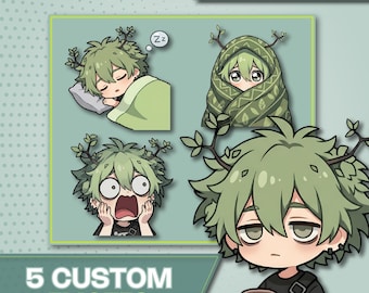 Lot de 5 émoticônes Twitch personnalisées, émoticônes Kick Discord personnalisées, commission d'émoticônes Chibi anime mignon, Forest Boy Chibi Vtuber, graphismes de banderoles
