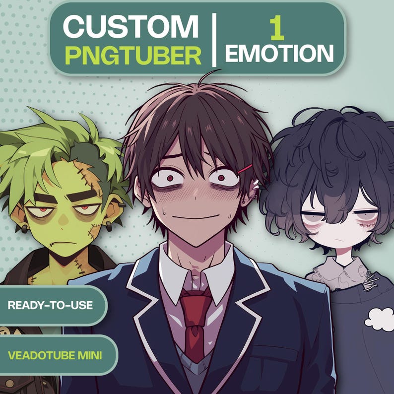 Custom PNGTuber commission service. Personalized anime boy and girl avatars for Twitch and YouTube streaming. Veadotube Mini ready models.