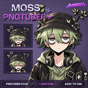 May include: A digital character illustration featuring a person with light green hair wearing a black bucket hat with branch-like antlers, a green hoodie, and black headphones. The text MOSS PNGTUBER+ and ANIMATED! appear alongside two smaller character variations.