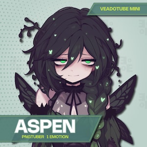 Op de afbeelding: Digitale illustratie van een personage genaamd Aspen met donkergroen haar, groene ogen en een serene uitdrukking. Het personage heeft bladachtige vleugels en accenten. De tekst "VEADOTUBE MINI" en "ASPEN PNGTUBER 1 EMOTION" zijn ook aanwezig.