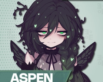 May include: Digital illustration of a character named Aspen with dark green hair, green eyes, and a serene expression. The character has leaf-like wings and accents. The text "VEADOTUBE MINI" and "ASPEN PNGTUBER 1 EMOTION" are also present.